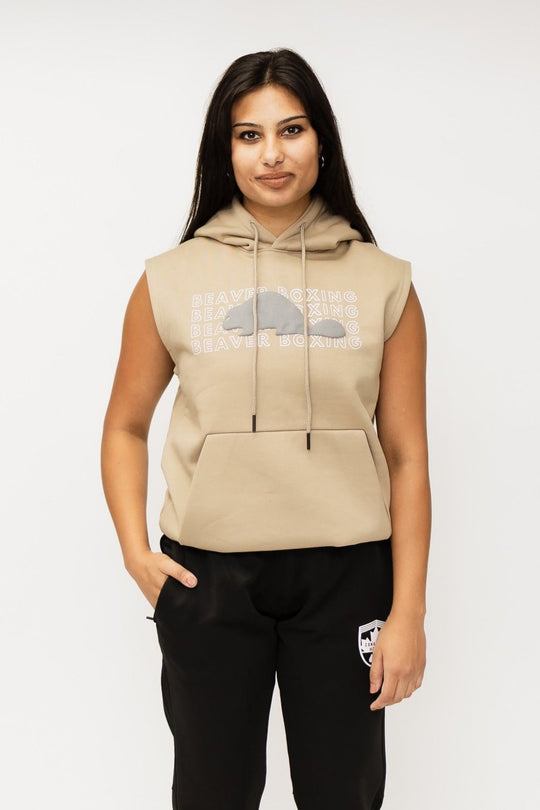 SLEEVELESS HOODIE SWEATSHIRT BEAVER BOXING - BEIGE