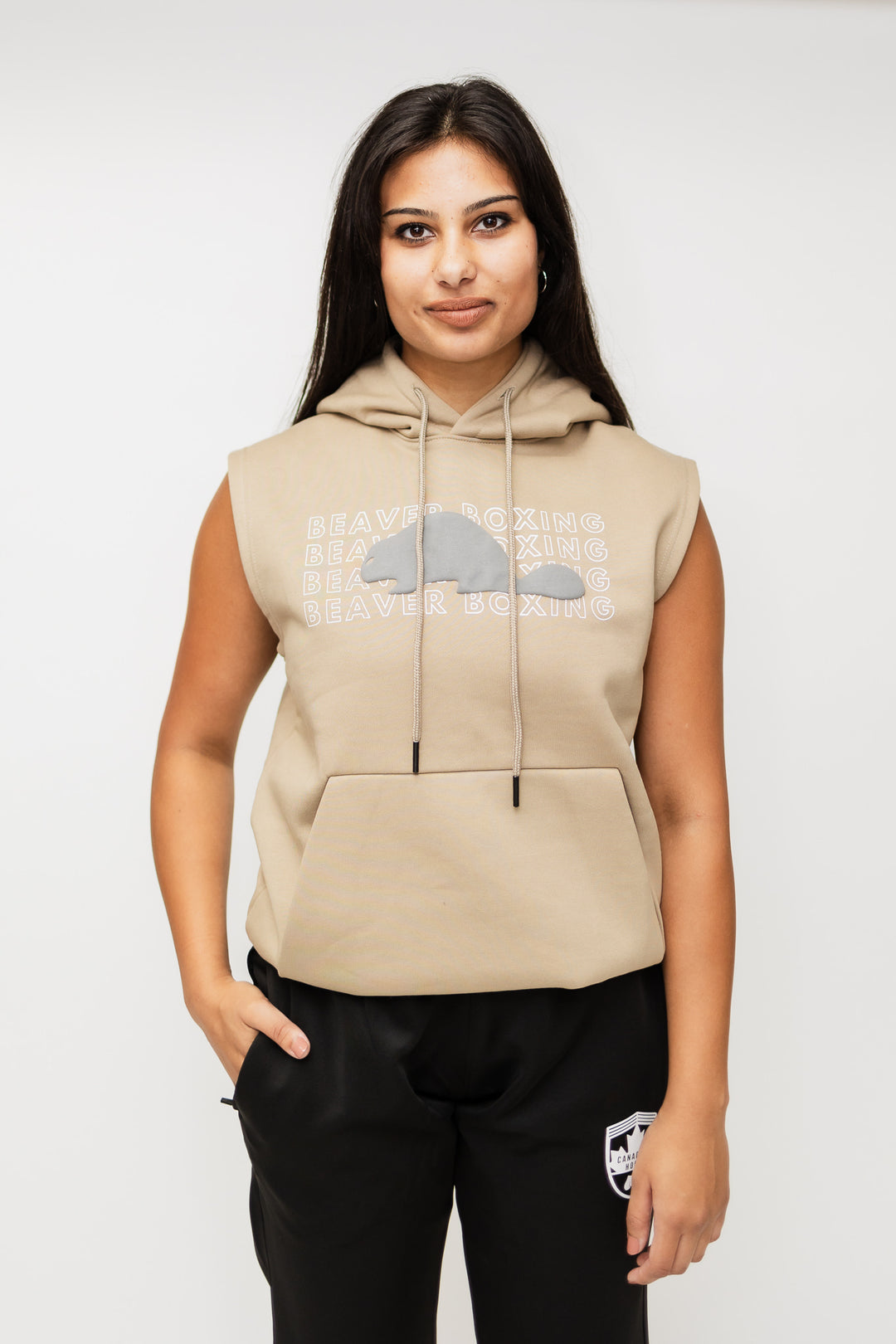 SLEEVELESS HOODIE SWEATSHIRT BEAVER BOXING - BEIGE
