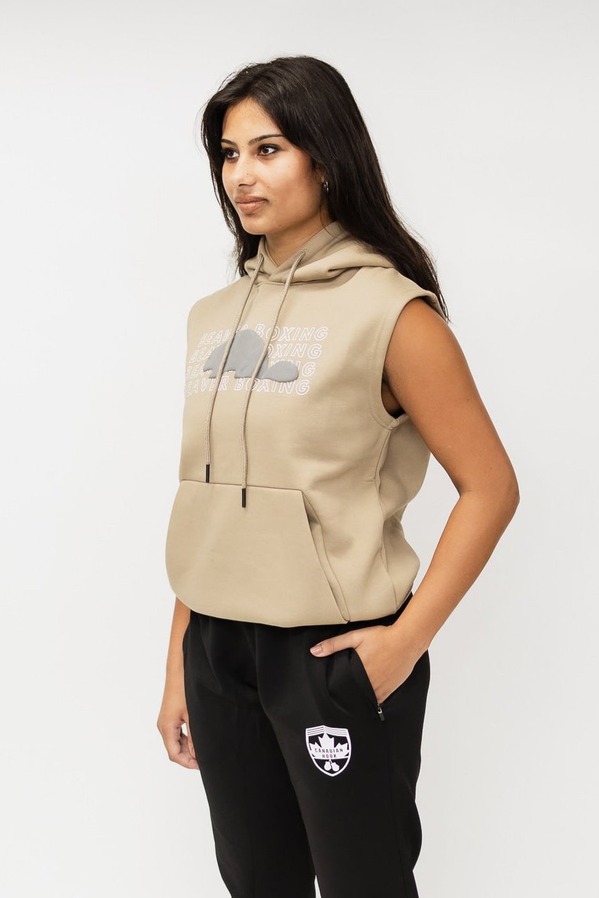 SLEEVELESS HOODIE SWEATSHIRT BEAVER BOXING - BEIGE