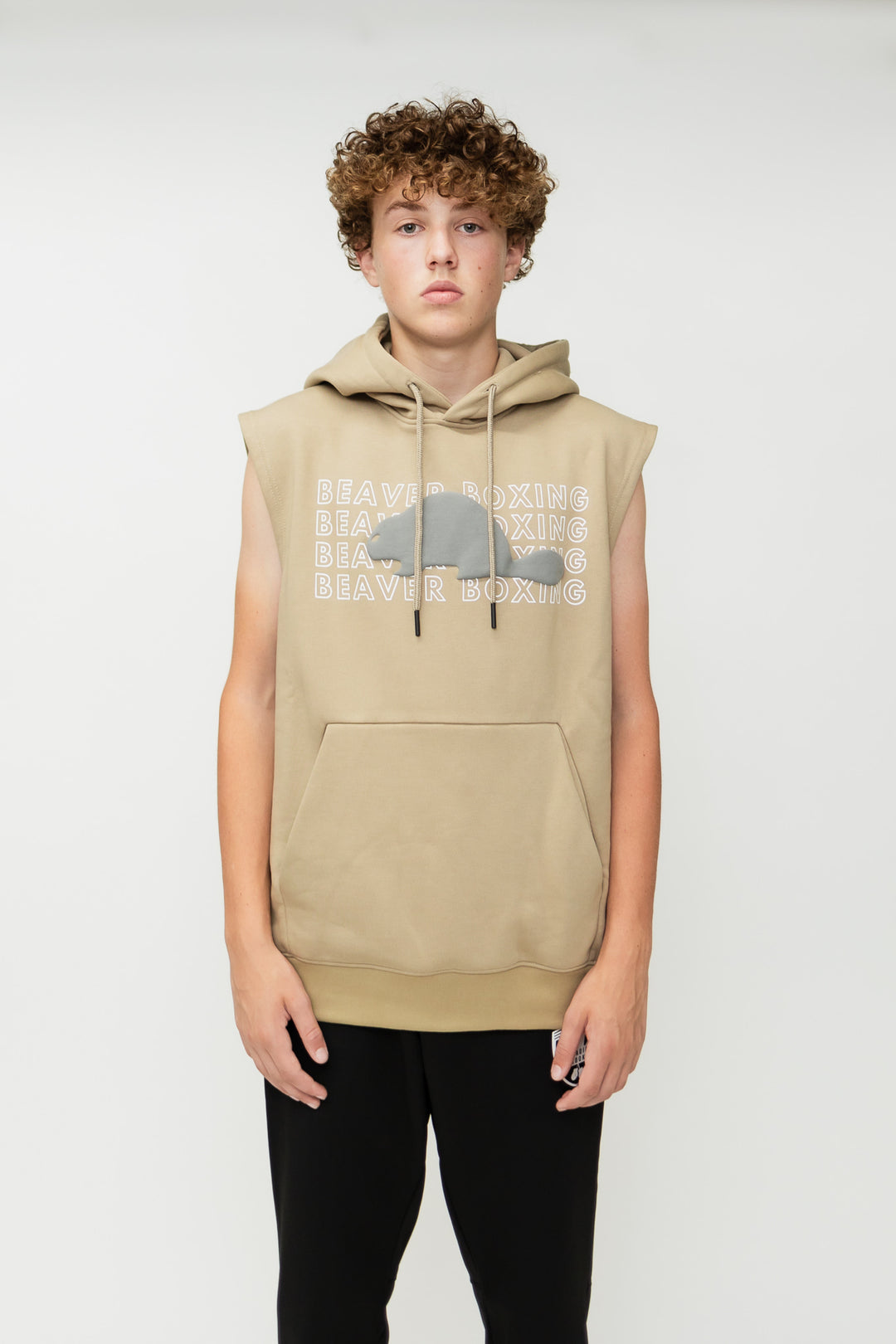 SLEEVELESS HOODIE SWEATSHIRT BEAVER BOXING - BEIGE