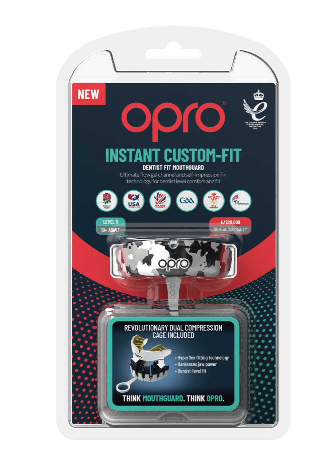 OPRO Instant Custom-Fit Camo Mouthguard - Black/White/Silver