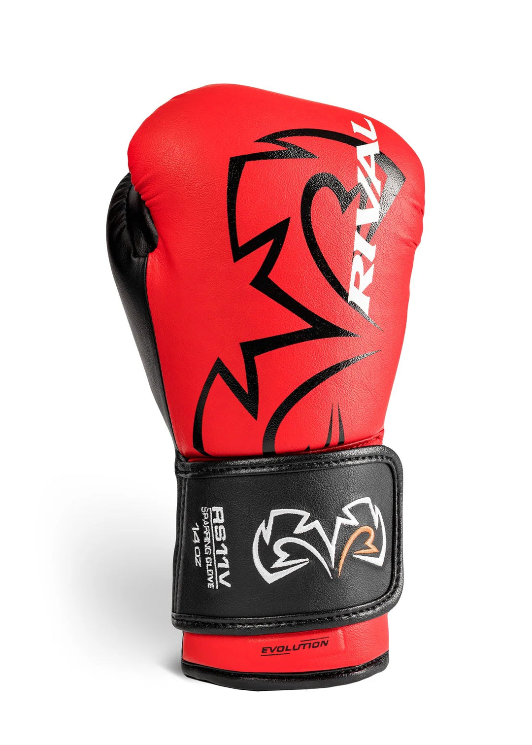 Red and black boxing glove with Rival branding on a white background